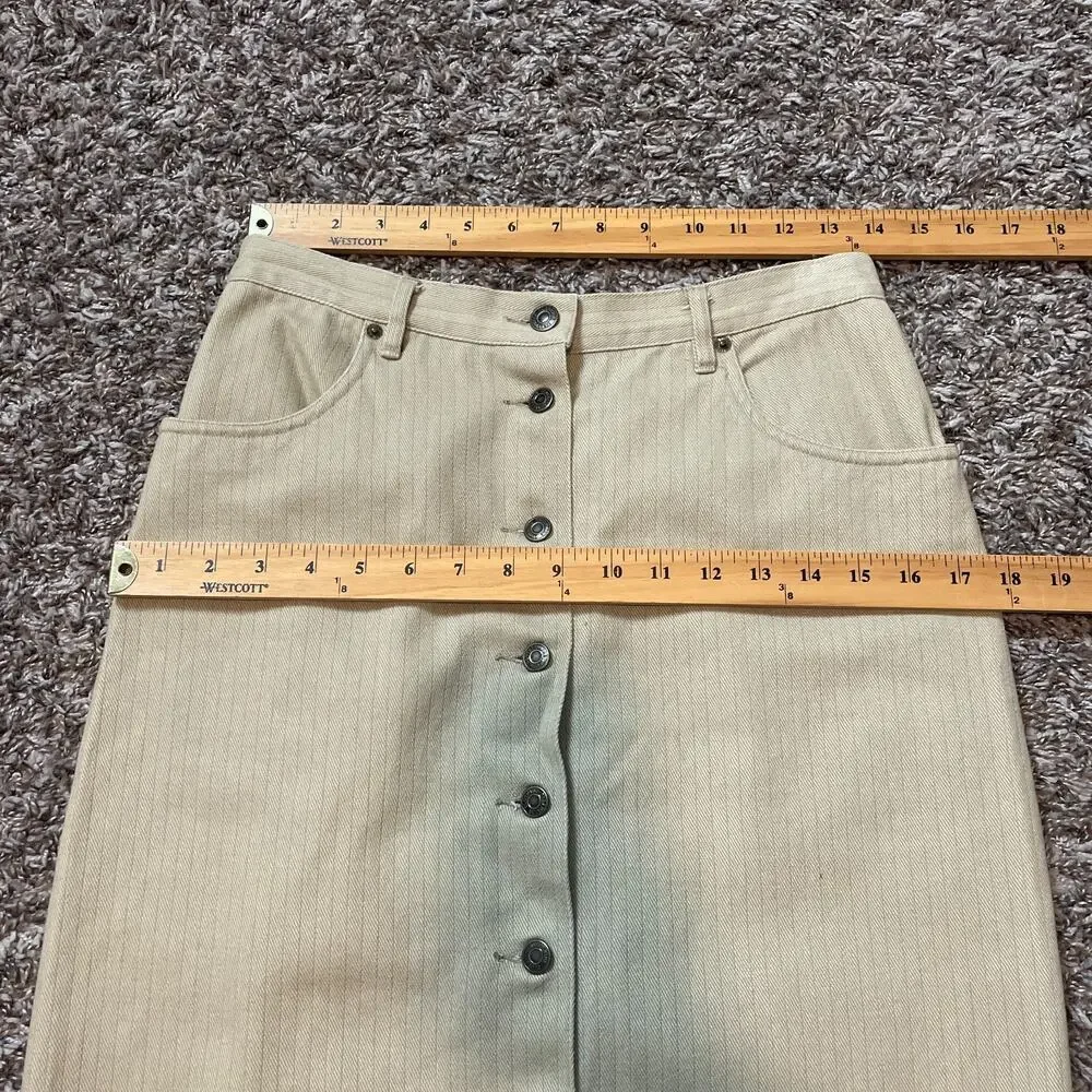 Vintage Button Front Skirt Size 10 Khaki Tan Pinstripe Minimal Rodeo Western 90s